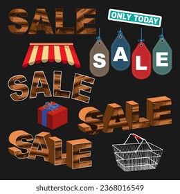 Six stylized sale messages, a shopping basket, a striped awning, a Today Only sign and a wrapped gift. Set of vector images