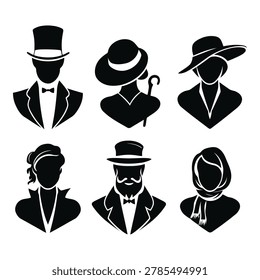 Six stylized silhouette icons featuring men and women in classic historical clothing including top hats bowlers and widebrimmed hats isolated on transparent background