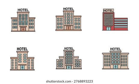Six stylized sketches of different hotel architectural designs