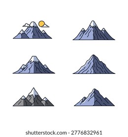 Six stylized snowy mountain ranges are arranged on a white background, with blue gray peaks, dark outlines, clouds, and a yellow sun.