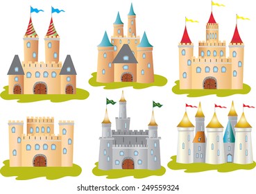 Six stylized vector illustrations of castles with battlements and turrets