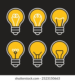 Six stylized yellow lightbulbs with white outlines are depicted against a black background, symbolizing ideas or inspiration