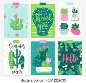 Six summer cards with cactuses and succulents. Perfect for holiday greetings, invitations, prints, placards