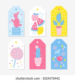 Six summer Gift Tags with cactus, strawberry, watermelon, lemon, home plant, lollipop, opuntia and cherry in pastel colors. Perfect for holiday greetings