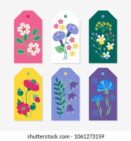 Six summer Gift Tags with viola, poppies, bellflowers, cornflowers, bindweed, fiels flowers. Perfect for holiday greetings