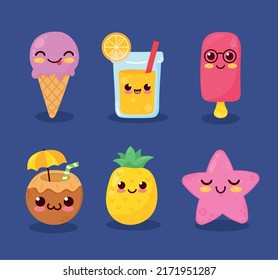 six summer kawaii designs icons