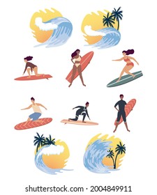 six surfers and waves set icons