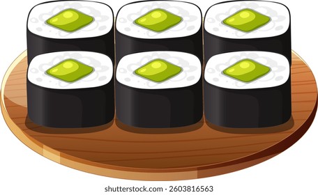 Six sushi rolls with avocado on wooden platter