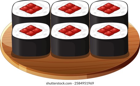 Six sushi rolls neatly arranged on a platter
