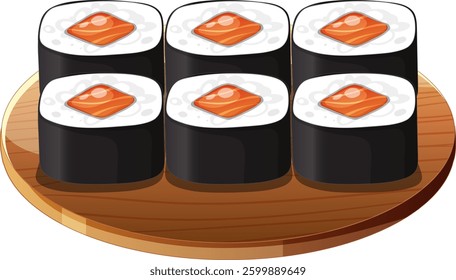 Six sushi rolls neatly arranged on a platter