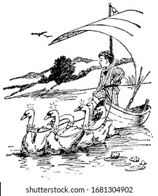 Six swans driving boat in the water and boy standing in boat, flying birds and mountains in background, vintage line drawing or engraving illustration