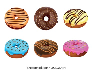 Six sweet doughnuts covered with multicolored glaze isolated icons on white background realistic vector illustration