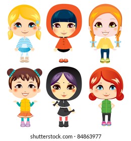 Six sweet little girls from diverse ethnic groups with different clothing styles