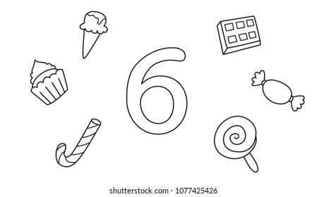 Six sweets with number 6 in the middle for coloring book page for kids. Vector illustration.
