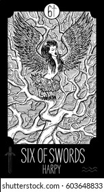 Six of swords. Harpy. Minor Arcana Tarot card. Fantasy line art illustration. Engraved vector drawing. See all collection in my portfolio set