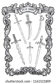 Six of swords. Minor Arcana tarot card. The Magic Gate deck. Fantasy engraved vector illustration with occult mysterious symbols and esoteric concept