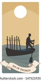 Six of swords. Silhouette of person rowing in the distance, in a boat on the sea, carrying six swords.