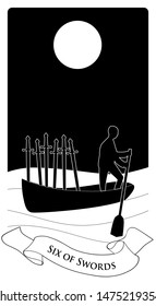 Six of swords. Silhouette of person rowing in the distance, in a boat on the sea, carrying six swords.