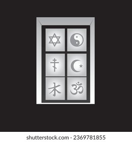 Six symbols of the dominant religions on earth on window panes