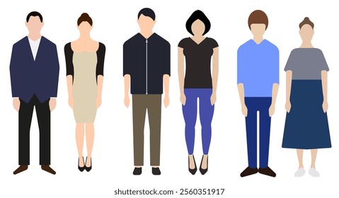 Six symmetrical characters, male and female. Flat vector illustration isolated on white background.