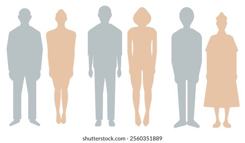 Six symmetrical human silhouettes, a man and a woman. Flat vector illustration isolated on white background.