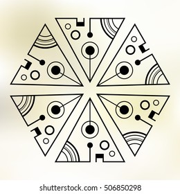 Six symmetrically arranged triangles, separated with lines and circles. Geometric elements, isolated on color background. Line design. Abstract sacred geometry triangles, logo. Vector illustration.
