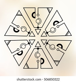 Six symmetrically arranged triangles, separated with lines and circles. Geometric elements, isolated on color background. Line design. Abstract sacred geometry triangles, logo. Vector illustration.