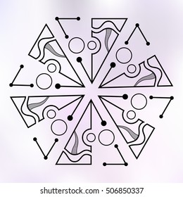 Six symmetrically arranged triangles, separated with lines and circles. Geometric elements, isolated on color background. Line design. Abstract sacred geometry triangles, logo. Vector illustration.
