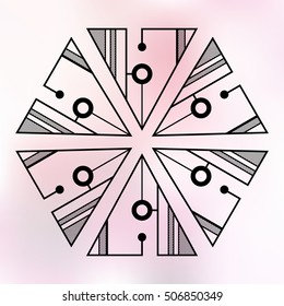 Six symmetrically arranged triangles, separated with lines and circles. Geometric elements, isolated on color background. Line design. Abstract sacred geometry triangles, logo. Vector illustration.