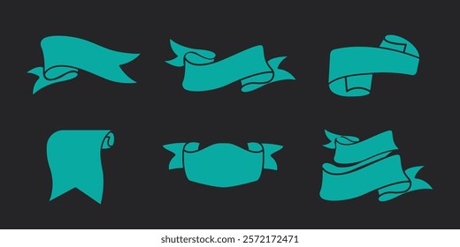 Six teal banners on a dark background. Decorative banners in teal. Teal ribbons in various shapes. Teal banners for design. Ribbon banner vector set.