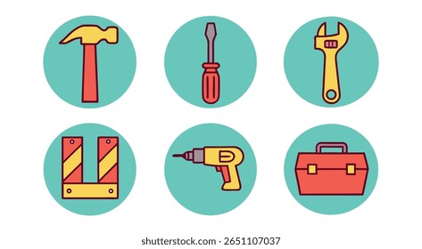 Six Teal Circles Tool Icons Hammer Screwdriver Wrench Drill Toolbox