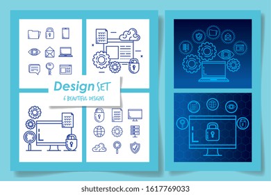Six technology designs, Digital communication social media internet web and device theme Vector illustration