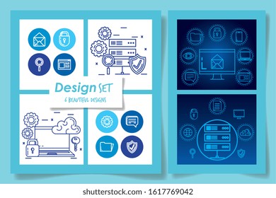 Six technology designs, Digital communication social media internet web and device theme Vector illustration