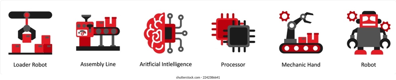 Seis iconos de tecnología en rojo y negro como robot cargador, línea de montaje, inteligencia artificial