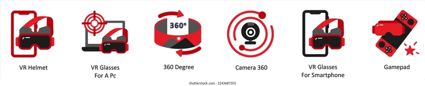 Sechs Technologie-Icons in Rot und Schwarz als vr Helm, vr Brillen für einen PC, 360 Grad