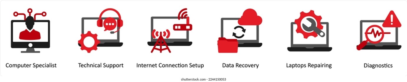 Sechs Technologiesymbole auf Rot und Schwarz als Computerspezialist, technischer Support, Einrichtung einer Internetverbindung