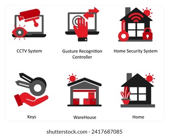 Six technology icons in red and black as cctv system, gesture recognition controller