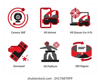 Seis iconos de tecnología en rojo y negro como cámara 360, casco vr, vr gafas para un pc