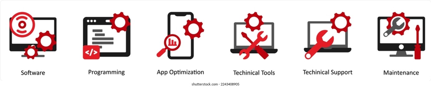 Seis iconos de Tecnología Rojo y Negro como software, programación, optimización de aplicaciones