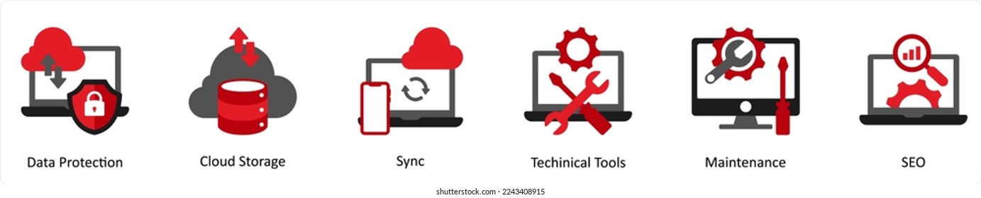 Seis iconos de Tecnología Rojo y Negro como protección de datos, almacenamiento en la nube, sincronización