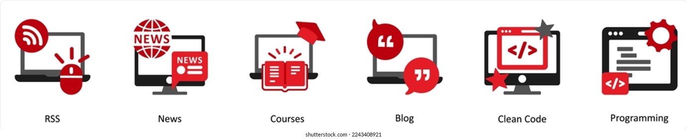 Six Technology Red and Black icons as rss, news, courses