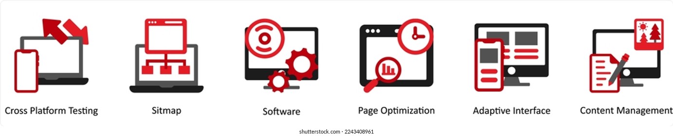 Six Technology Red and Black icons as cross platform testing, sitemap, software