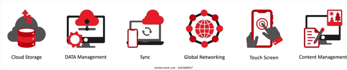 Six Technology Red and Black icons as cloud storage, data management, sync
