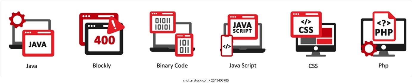 Six Technology Red und Black Icons wie Java, Blocker, Binärcode