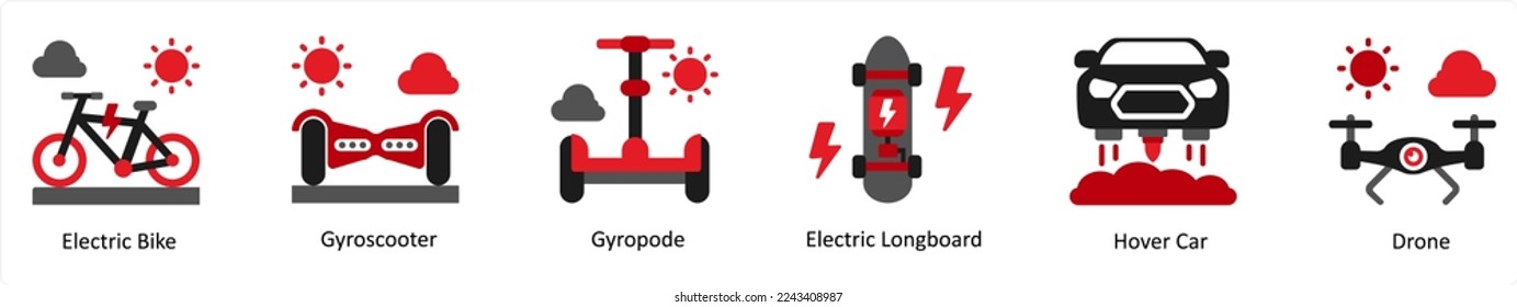 Seis íconos Tecnológicos Rojo y Negro como bicicleta eléctrica, giroscooter, giropodo