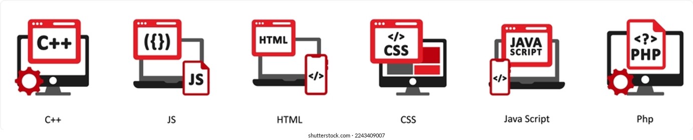 Six Technology Red and Black icons as c++, js, html