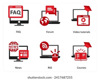 Six Technology Red and Black icons as faq, forum, video tutorials