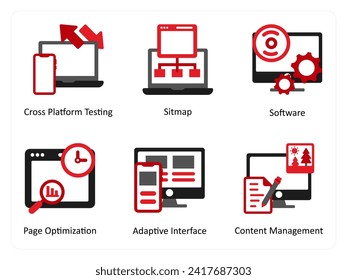 Seis iconos de Tecnología Rojo y Negro como prueba de plataforma cruzada, sitemap, software