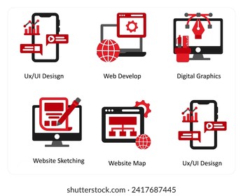 Six Technology Red and Black icons as ui design, web develop, digital graphic