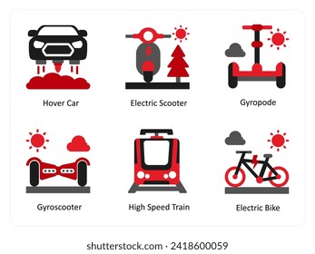 Six Technology Red and Black icons as hover car, electric scooter, gyropode